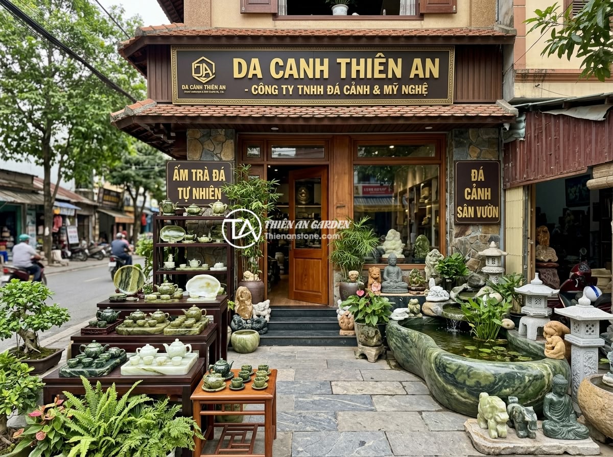 Hướng dẫn chọn mua bộ ấm chén bằng đá chất lượng cao năm 2026 - The storefront of Da Canh Thien An stone craft company, showing an elegant displ