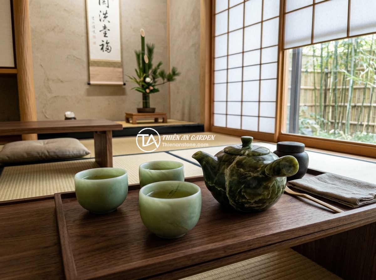 Hướng dẫn chọn mua bộ ấm chén bằng đá chất lượng cao năm 2026 - A modern minimalist stone tea set with satin finish jade cups, paired with a wal