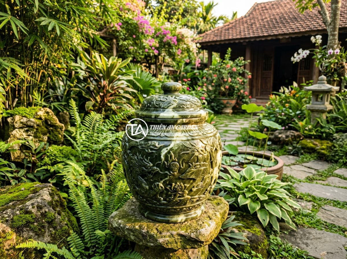 Hướng dẫn đặt chum đá phong thủy đúng chuẩn phong thủy để thu hút tài lộc - A beautifully carved natural stone jar (chum da) placed in a traditional Vietnam