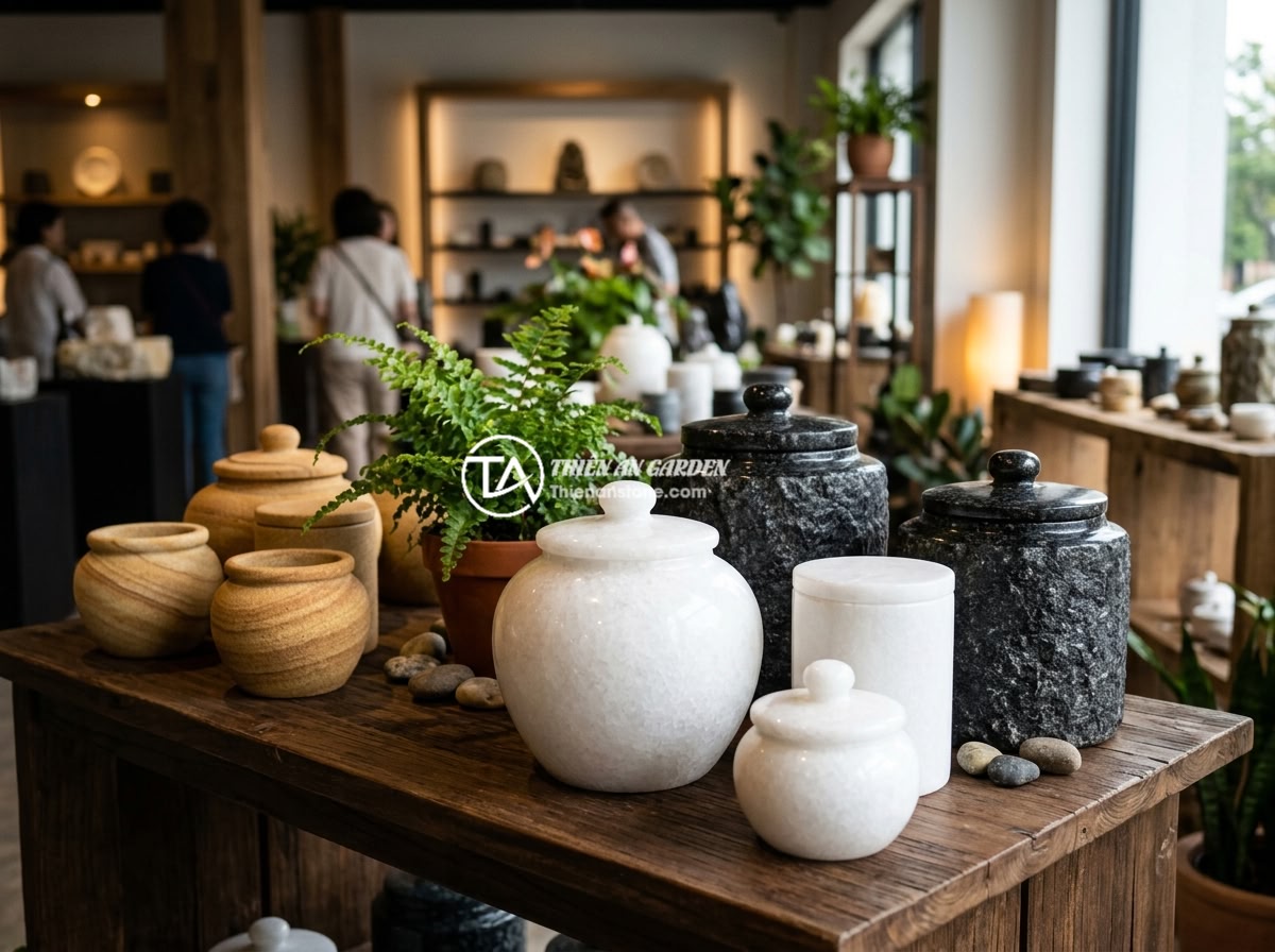 Hướng dẫn đặt chum đá phong thủy đúng chuẩn phong thủy để thu hút tài lộc - Various types of feng shui stone jars made from different natural stones includi