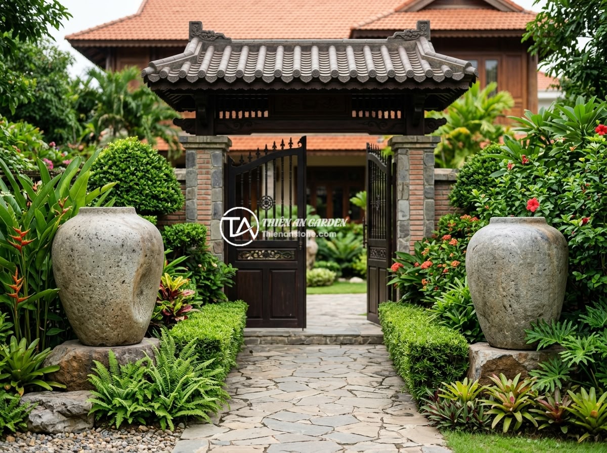 Hướng dẫn đặt chum đá phong thủy đúng chuẩn phong thủy để thu hút tài lộc - A pair of large natural stone feng shui jars symmetrically placed on both sides 