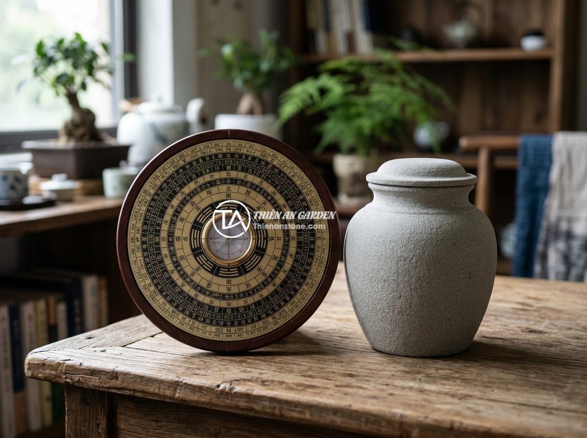 Hướng dẫn đặt chum đá phong thủy đúng chuẩn phong thủy để thu hút tài lộc - A feng shui compass (luo pan) placed next to a natural stone jar on a wooden tab