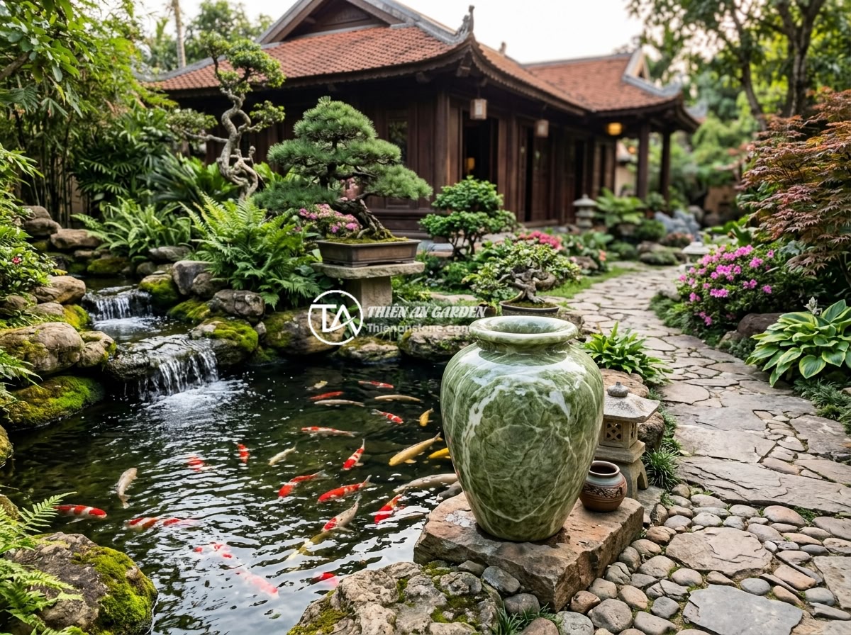 Hướng dẫn đặt chum đá phong thủy đúng chuẩn phong thủy để thu hút tài lộc - A stunning feng shui stone jar placed beside a beautiful koi fish pond in a luxu
