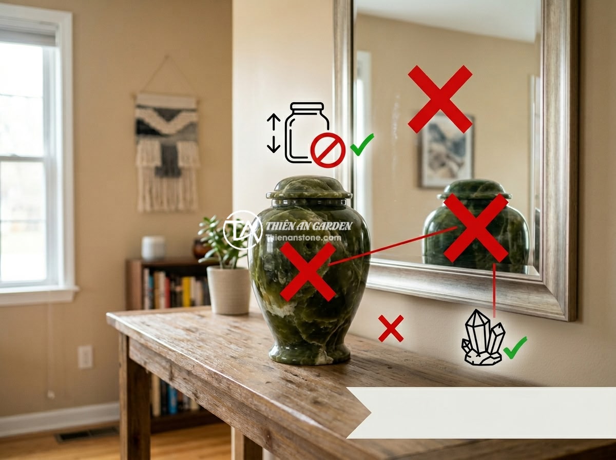 Hướng dẫn đặt chum đá phong thủy đúng chuẩn phong thủy để thu hút tài lộc - An incorrectly placed feng shui stone jar facing a mirror in a room, with red X 