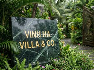 Hướng dẫn làm bảng hiệu bằng đá hoa cương từ A đến Z cho người mới bắt đầu - A luxurious granite stone signboard displayed at the entrance of a Vietnamese vi