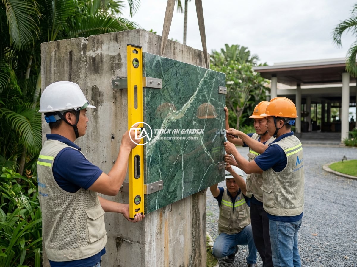 Hướng dẫn làm bảng hiệu bằng đá hoa cương từ A đến Z cho người mới bắt đầu - Professional installation team mounting a heavy polished granite signboard onto 