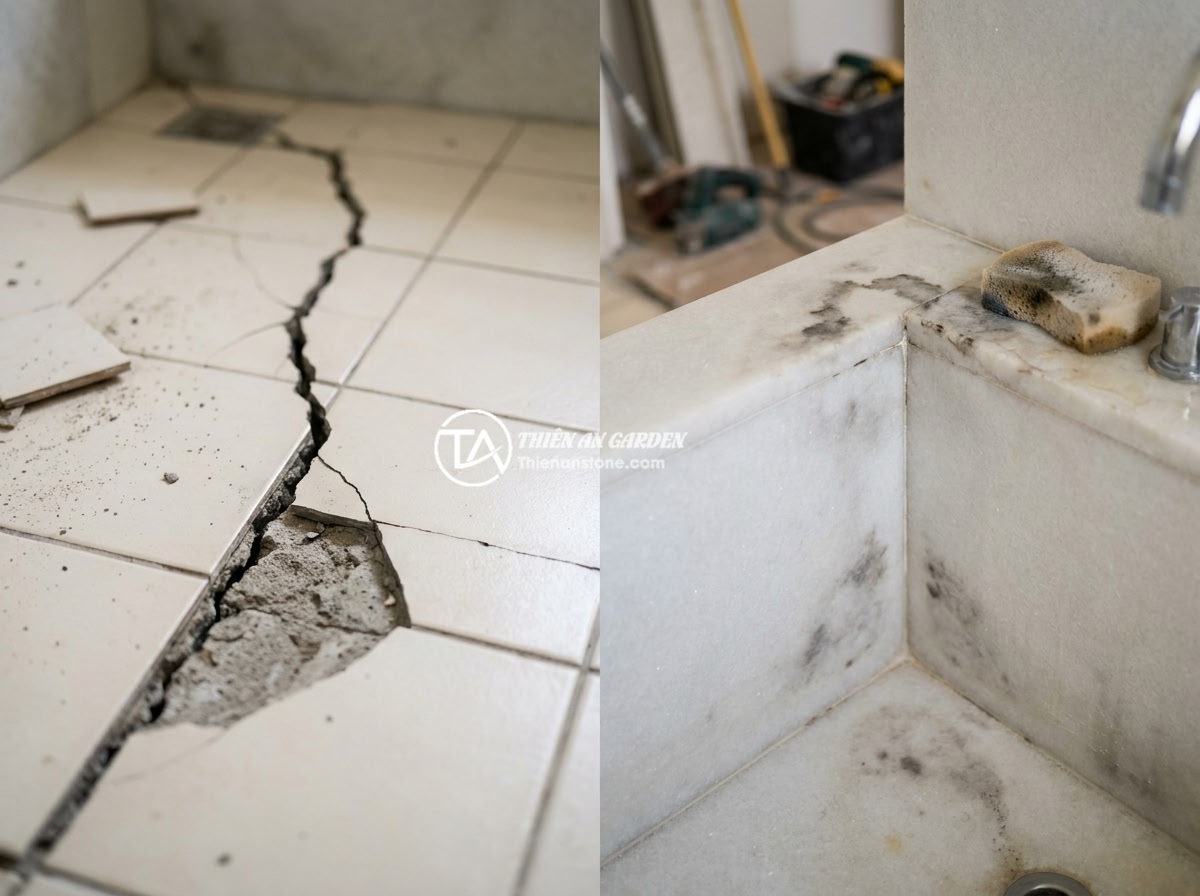 Hướng Dẫn Thi Công Bồn Tắm Đá Tự Nhiên Đúng Tiêu Chuẩn Kỹ Thuật - Hình 10 Hướng Dẫn Thi Công Bồn Tắm Đá Tự Nhiên Đúng Tiêu Chuẩn Kỹ Thuật - Common construction mistakes shown side by side: cracked bathroom floor due to i
