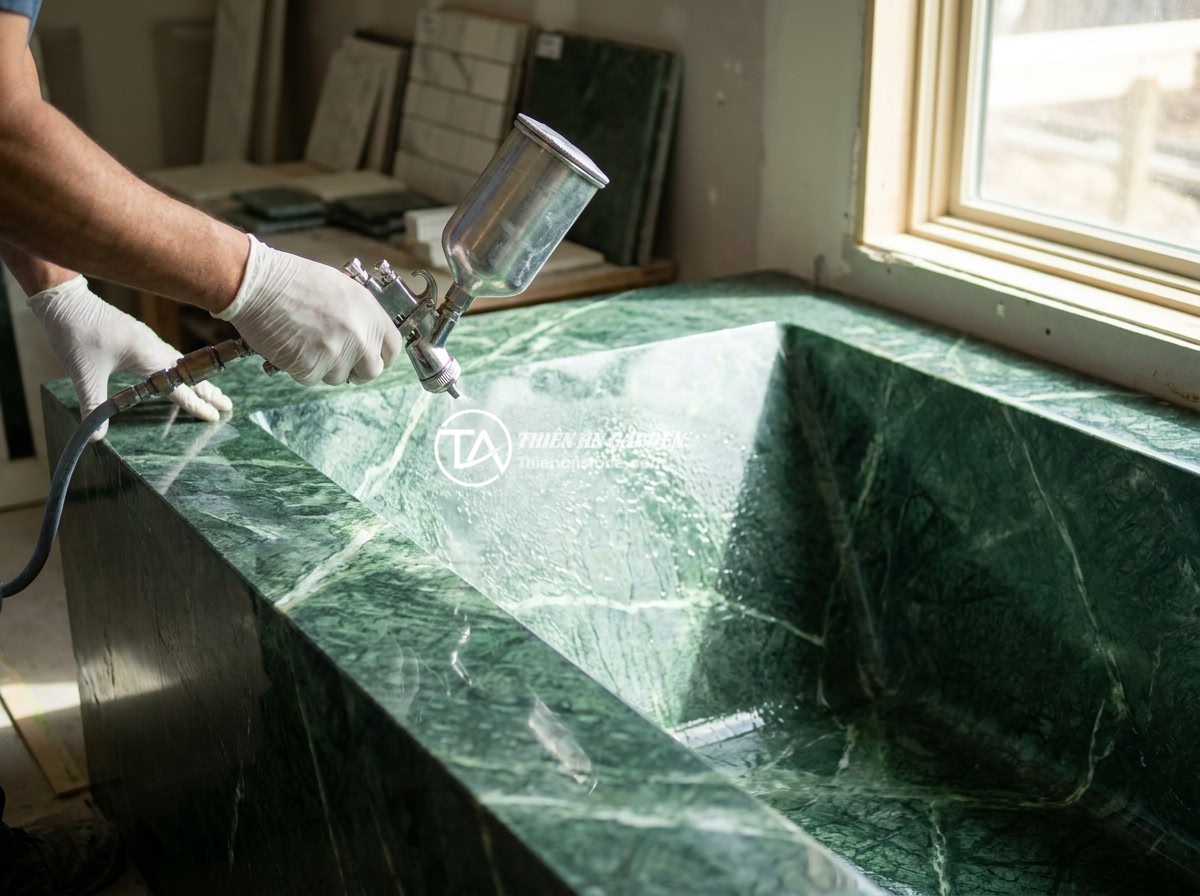 Hướng Dẫn Thi Công Bồn Tắm Đá Tự Nhiên Đúng Tiêu Chuẩn Kỹ Thuật - Hình 6 Hướng Dẫn Thi Công Bồn Tắm Đá Tự Nhiên Đúng Tiêu Chuẩn Kỹ Thuật - Close-up of a craftsman applying waterproof sealant on the interior surface of a