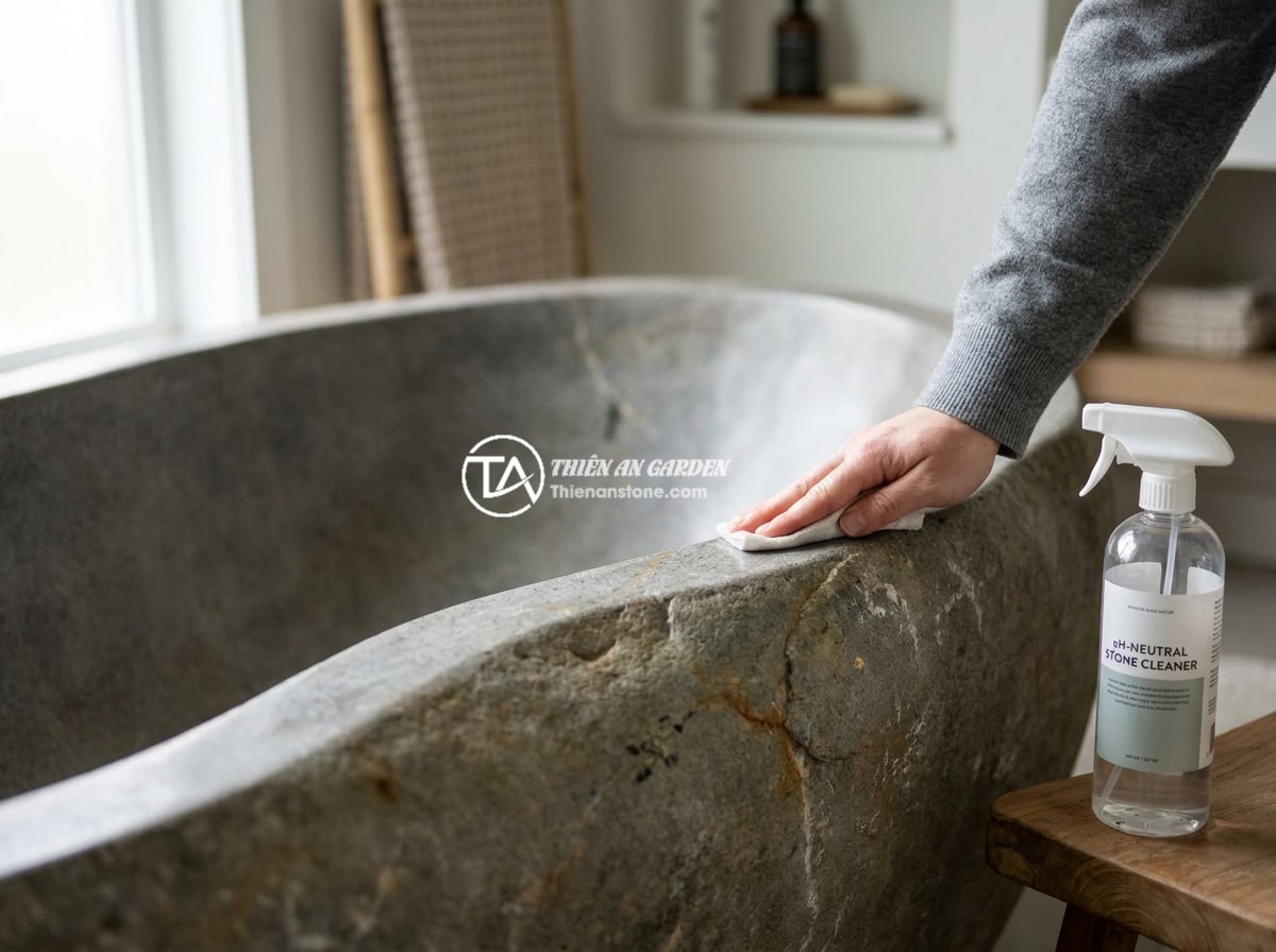 Hướng Dẫn Thi Công Bồn Tắm Đá Tự Nhiên Đúng Tiêu Chuẩn Kỹ Thuật - Hình 9 Hướng Dẫn Thi Công Bồn Tắm Đá Tự Nhiên Đúng Tiêu Chuẩn Kỹ Thuật - A person gently cleaning the surface of a white marble bathtub with a soft micro
