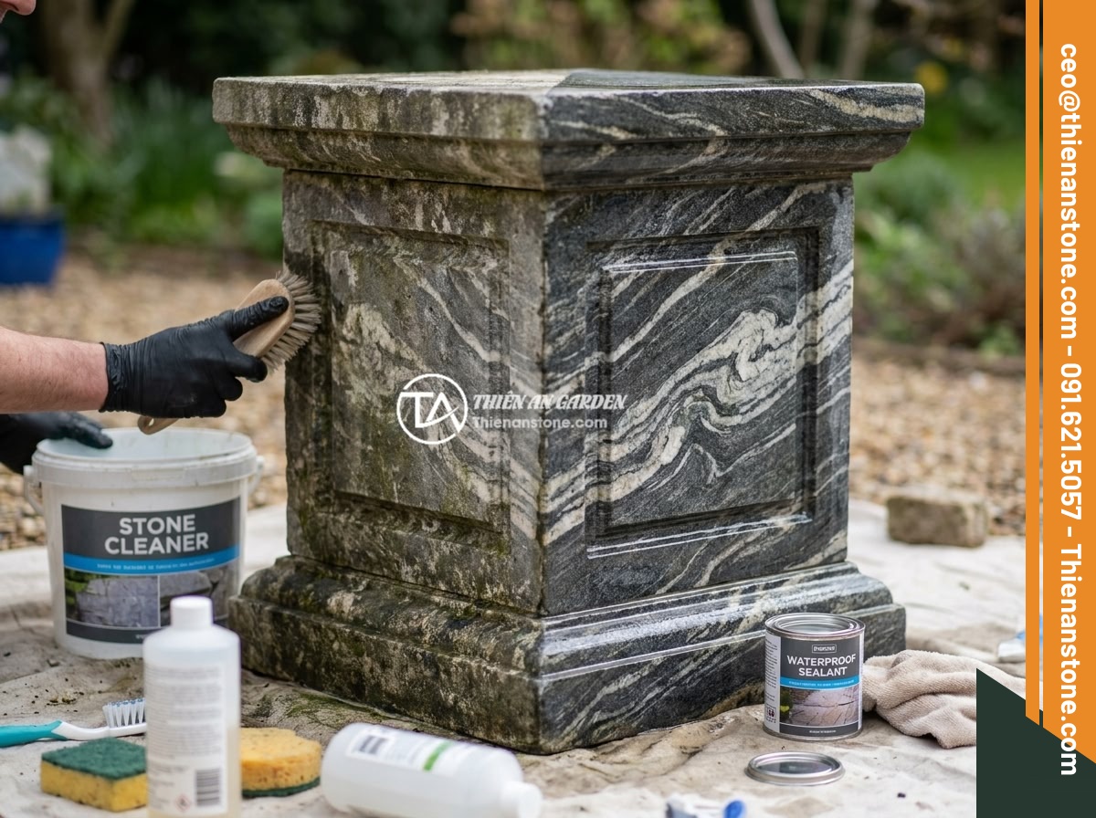 Hướng dẫn thi công lắp đặt đôn đá kê tượng chi tiết từng bước an toàn - Maintenance scene of a natural stone pedestal being cleaned and treated with wat