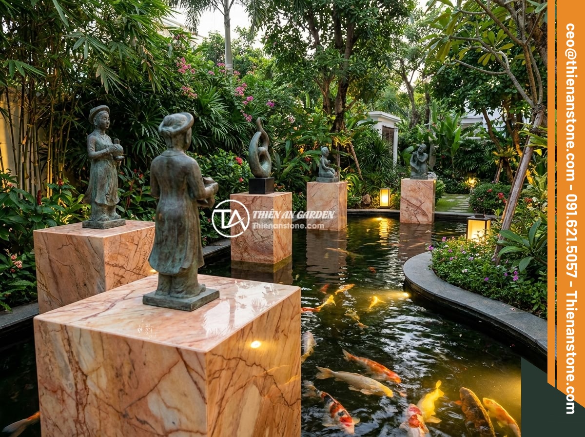 Hướng dẫn thi công lắp đặt đôn đá kê tượng chi tiết từng bước an toàn - A completed stone pedestal installation project in a luxury Vietnamese villa gar