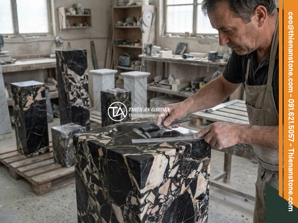 Hướng dẫn thi công lắp đặt đôn đá kê tượng chi tiết từng bước an toàn - A professional stone craftsman inspecting the quality of a natural stone pedesta