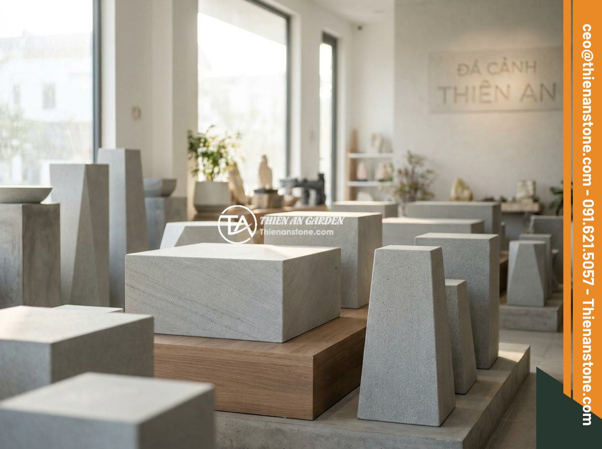 Hướng dẫn thi công lắp đặt đôn đá kê tượng chi tiết từng bước an toàn - Showroom of Da Canh Thien An displaying a wide variety of natural stone pedestal