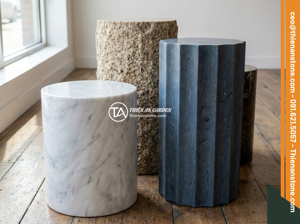 Hướng dẫn thi công lắp đặt đôn đá kê tượng chi tiết từng bước an toàn - Different types of natural stone pedestals including granite, marble, and Vietna