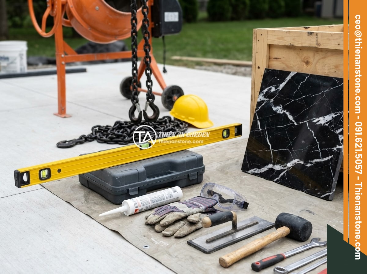 Hướng dẫn thi công lắp đặt đôn đá kê tượng chi tiết từng bước an toàn - Construction tools and materials laid out for stone pedestal installation, inclu