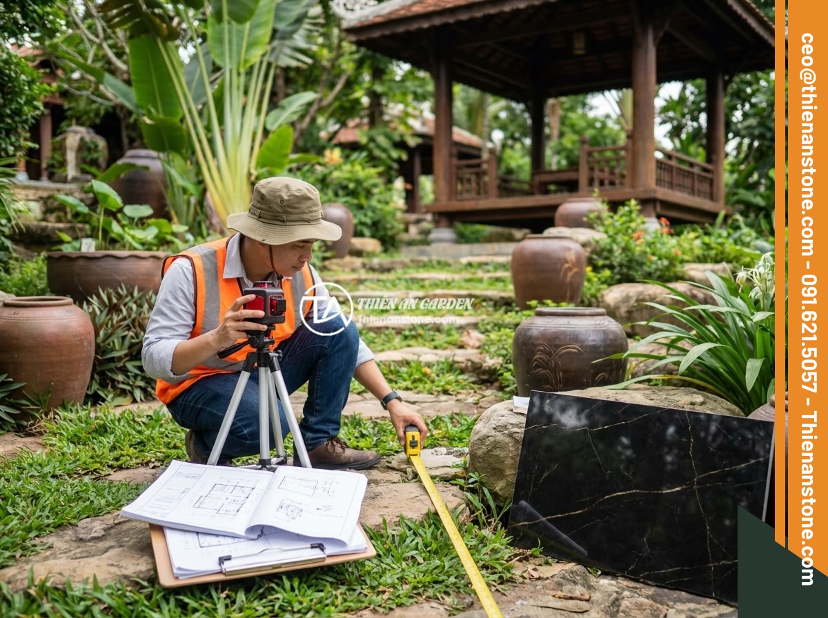 Hướng dẫn thi công lắp đặt đôn đá kê tượng chi tiết từng bước an toàn - An engineer surveying a garden site for stone pedestal installation, using laser