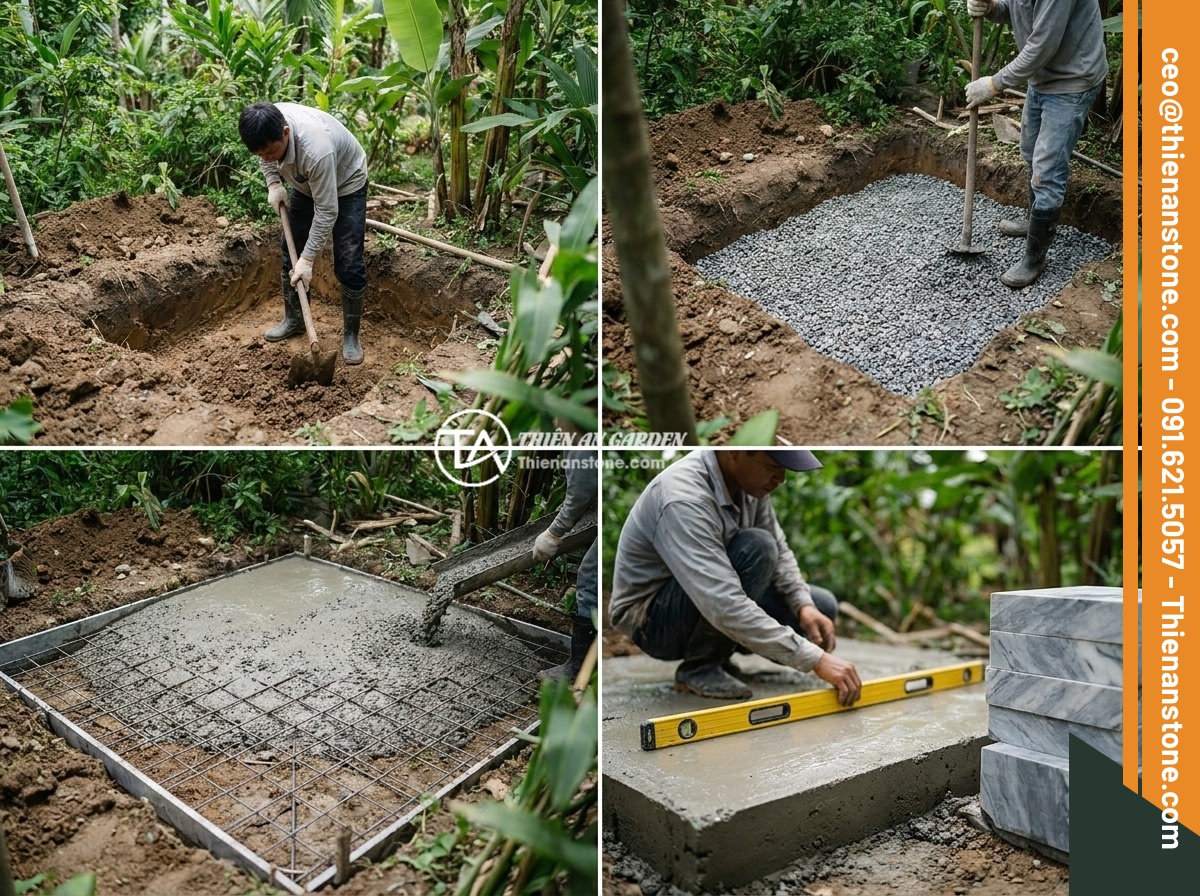 Hướng dẫn thi công lắp đặt đôn đá kê tượng chi tiết từng bước an toàn - Step-by-step construction process of stone pedestal foundation, showing excavati