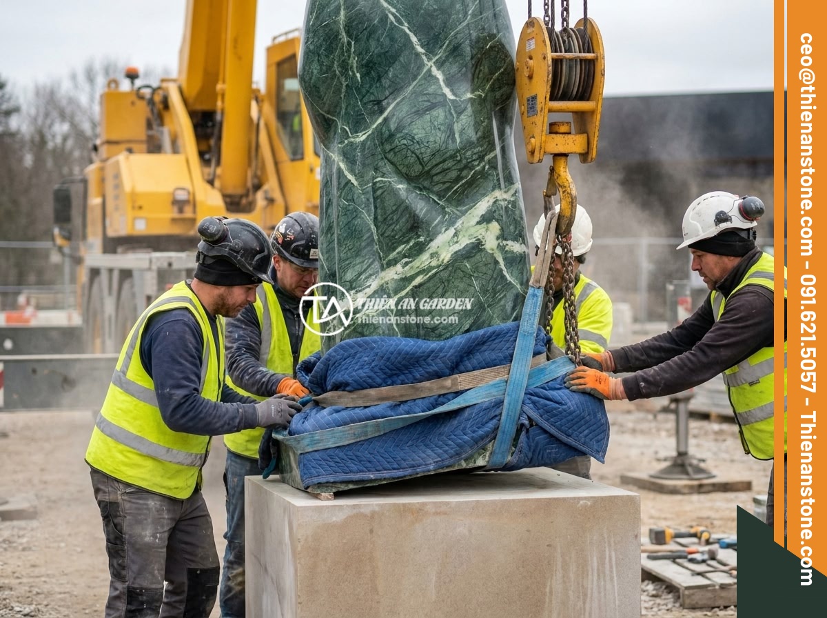 Hướng dẫn thi công lắp đặt đôn đá kê tượng chi tiết từng bước an toàn - Workers carefully positioning a large stone statue onto a stone pedestal using l