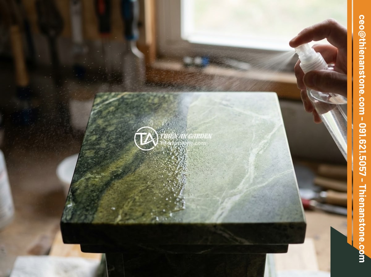 Hướng dẫn thi công lắp đặt đôn đá kê tượng chi tiết từng bước an toàn - Close-up of waterproofing treatment being applied to a natural stone pedestal su