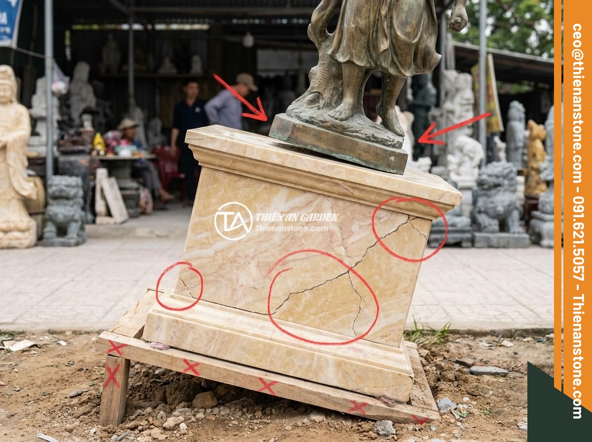 Hướng dẫn thi công lắp đặt đôn đá kê tượng chi tiết từng bước an toàn - Common installation mistakes with stone pedestals showing a tilted pedestal due 