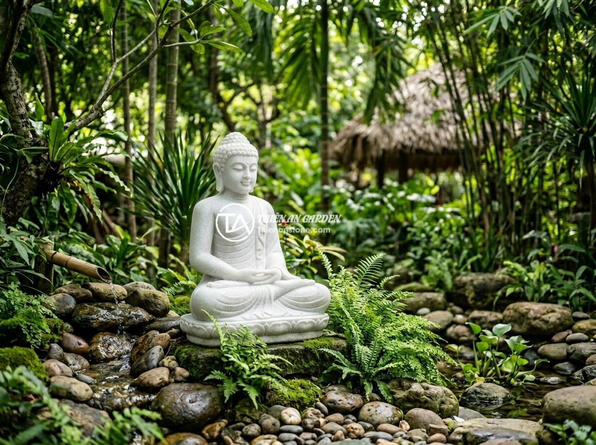Hướng Dẫn Thi Công Tiểu Cảnh Tượng Phật Sân Vườn Bằng Đá Tự Nhiên - A serene Vietnamese garden landscape featuring a natural stone Buddha statue sur