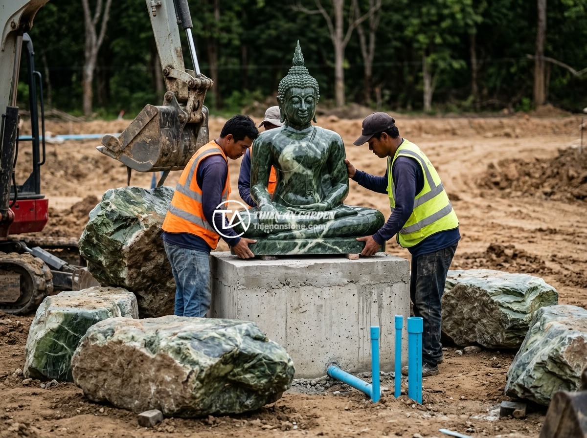 Hướng Dẫn Thi Công Tiểu Cảnh Tượng Phật Sân Vườn Bằng Đá Tự Nhiên - Hình 4 Hướng Dẫn Thi Công Tiểu Cảnh Tượng Phật Sân Vườn Bằng Đá Tự Nhiên - Step-by-step construction process of a Buddha statue garden landscape, showing w