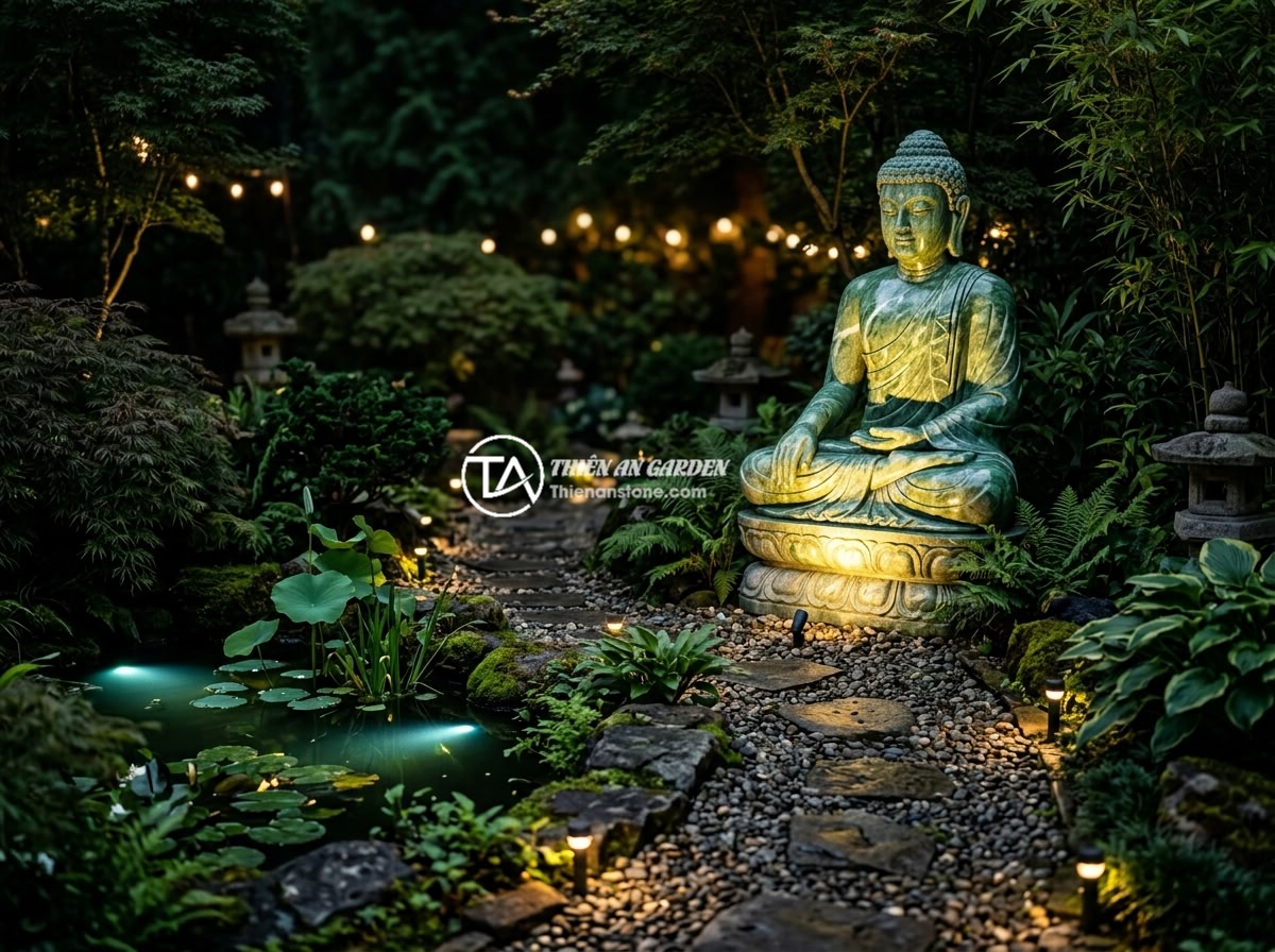Hướng Dẫn Thi Công Tiểu Cảnh Tượng Phật Sân Vườn Bằng Đá Tự Nhiên - Hình 7 Hướng Dẫn Thi Công Tiểu Cảnh Tượng Phật Sân Vườn Bằng Đá Tự Nhiên - A Buddha statue garden landscape beautifully illuminated at night, with warm yel