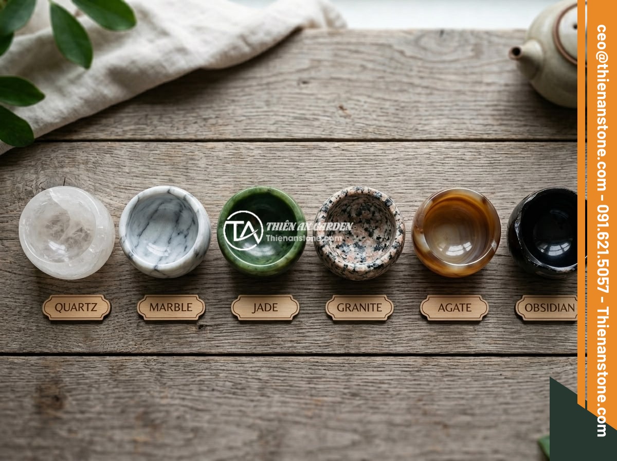 Hướng dẫn vệ sinh ấm chén đá đúng cách tránh làm hỏng bề mặt đá - An infographic-style flat lay photo showing six different types of natural stone