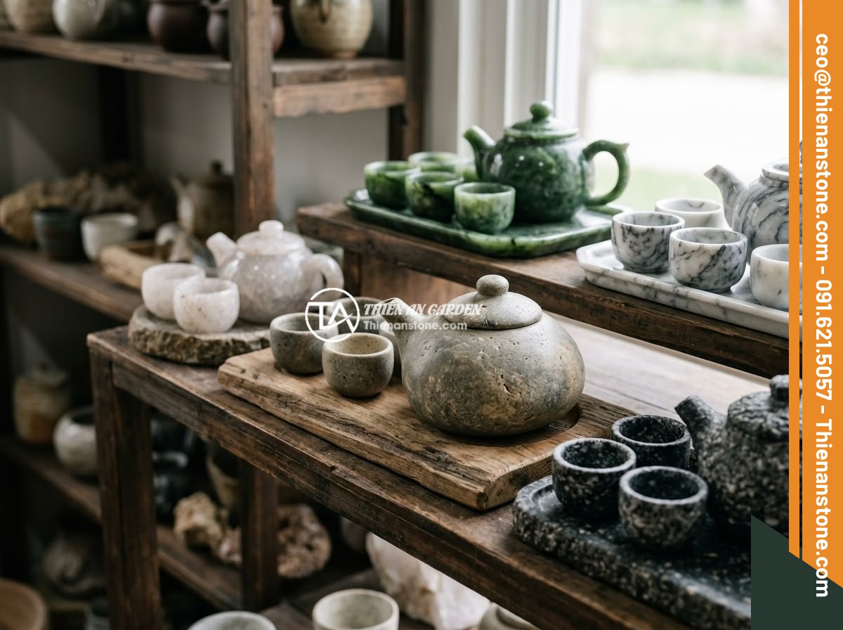 Hướng dẫn vệ sinh ấm chén đá đúng cách tránh làm hỏng bề mặt đá - Various types of natural stone tea sets including quartz crystal, jade, marble, 