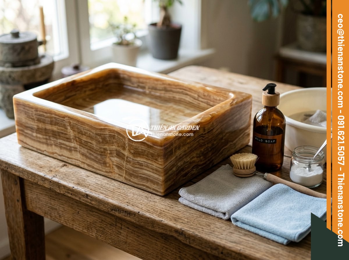 Hướng dẫn vệ sinh ấm chén đá đúng cách tránh làm hỏng bề mặt đá - Cleaning supplies laid out on a table for natural stone tea set maintenance incl