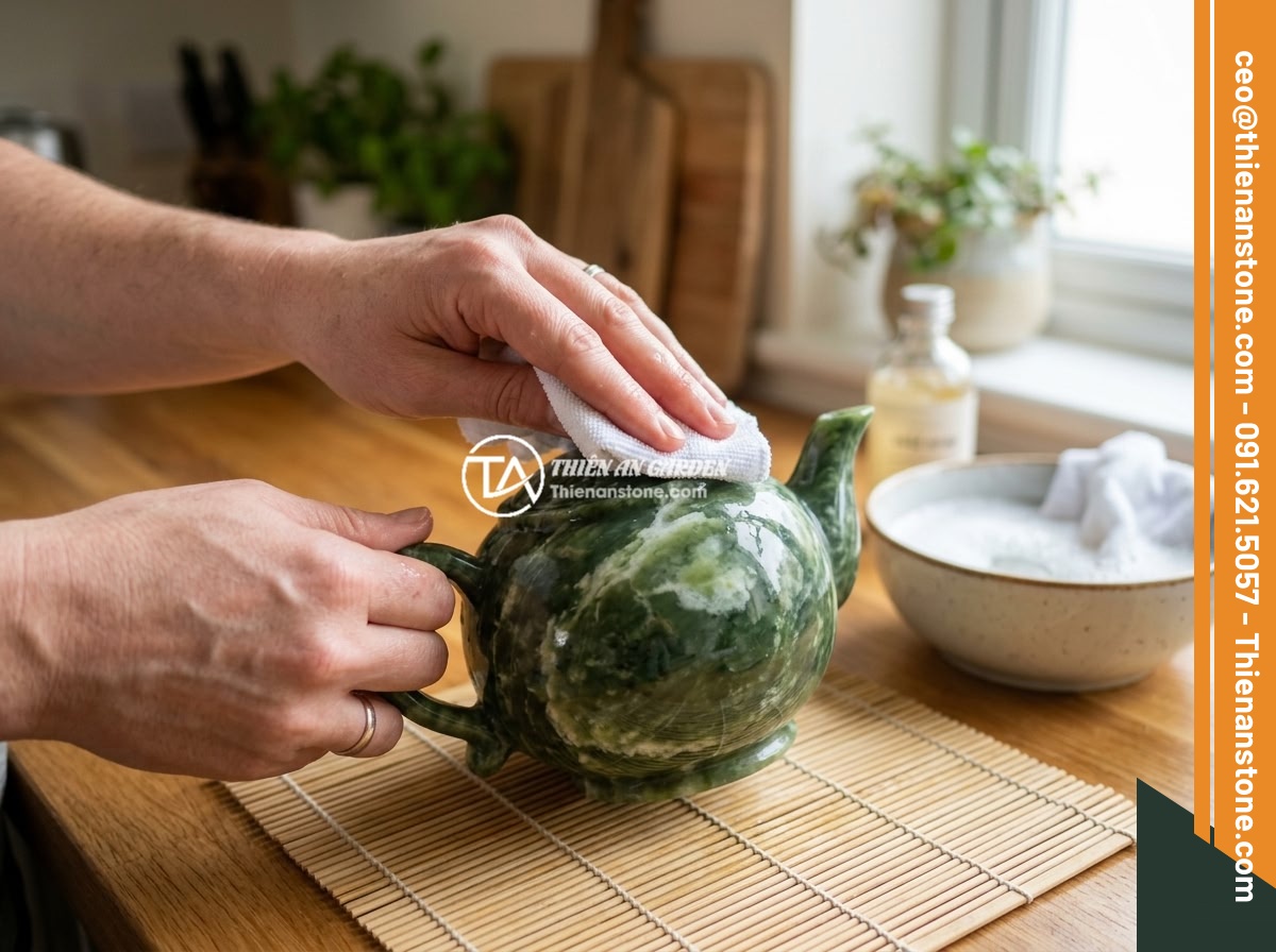 Hướng dẫn vệ sinh ấm chén đá đúng cách tránh làm hỏng bề mặt đá - Step by step process of cleaning a natural stone tea set, showing hands gently w