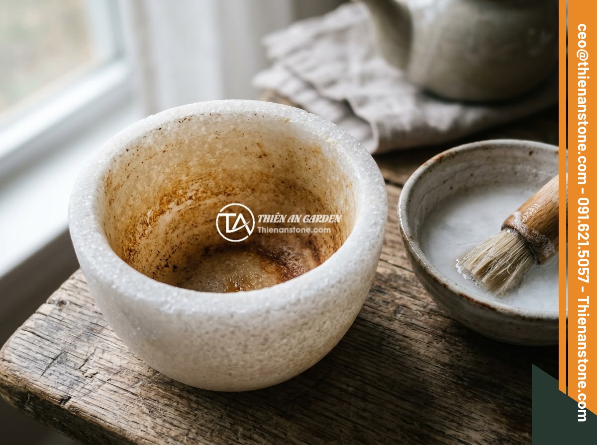 Hướng dẫn vệ sinh ấm chén đá đúng cách tránh làm hỏng bề mặt đá - Close-up of a natural stone teacup showing tea stain residue inside, next to a s