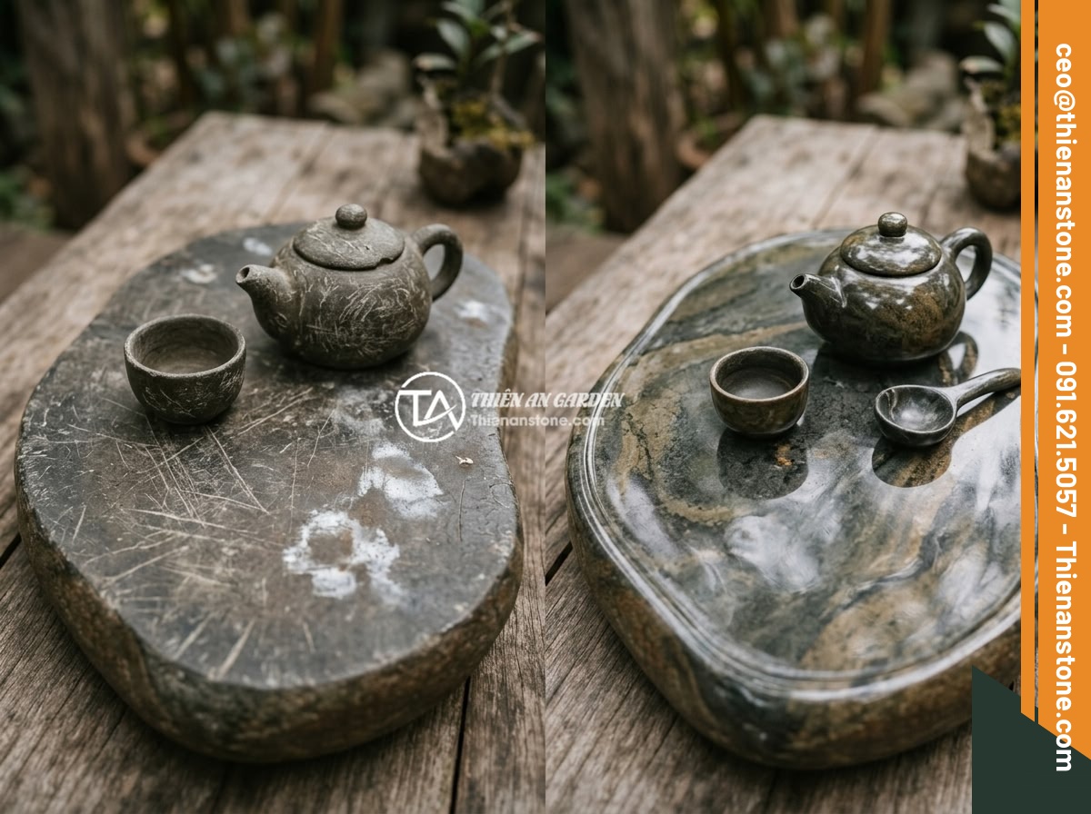 Hướng dẫn vệ sinh ấm chén đá đúng cách tránh làm hỏng bề mặt đá - Comparison photo showing a damaged natural stone tea set surface with scratches 