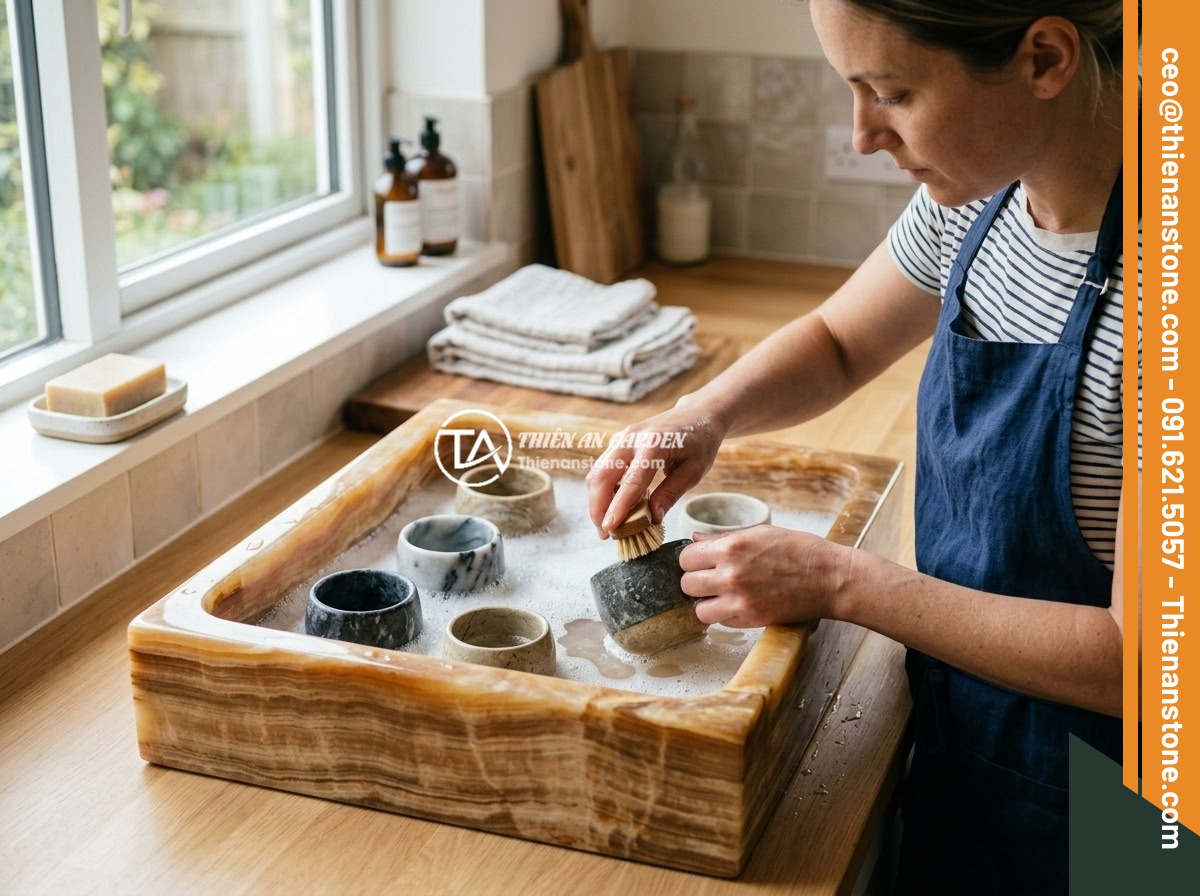 Hướng dẫn vệ sinh ấm chén đá đúng cách tránh làm hỏng bề mặt đá - A person performing deep cleaning maintenance on a set of natural stone tea cups