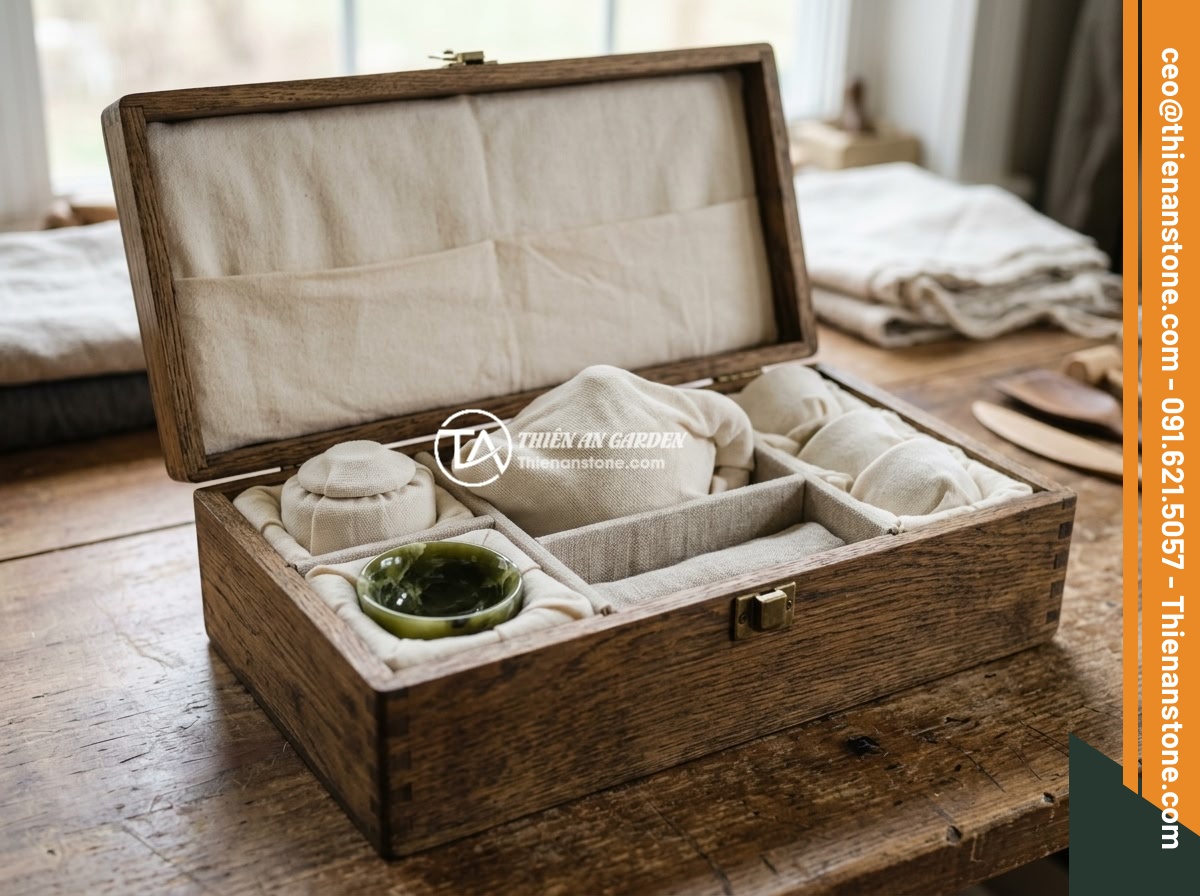Hướng dẫn vệ sinh ấm chén đá đúng cách tránh làm hỏng bề mặt đá - Properly stored natural stone tea set wrapped individually in soft cotton cloth 