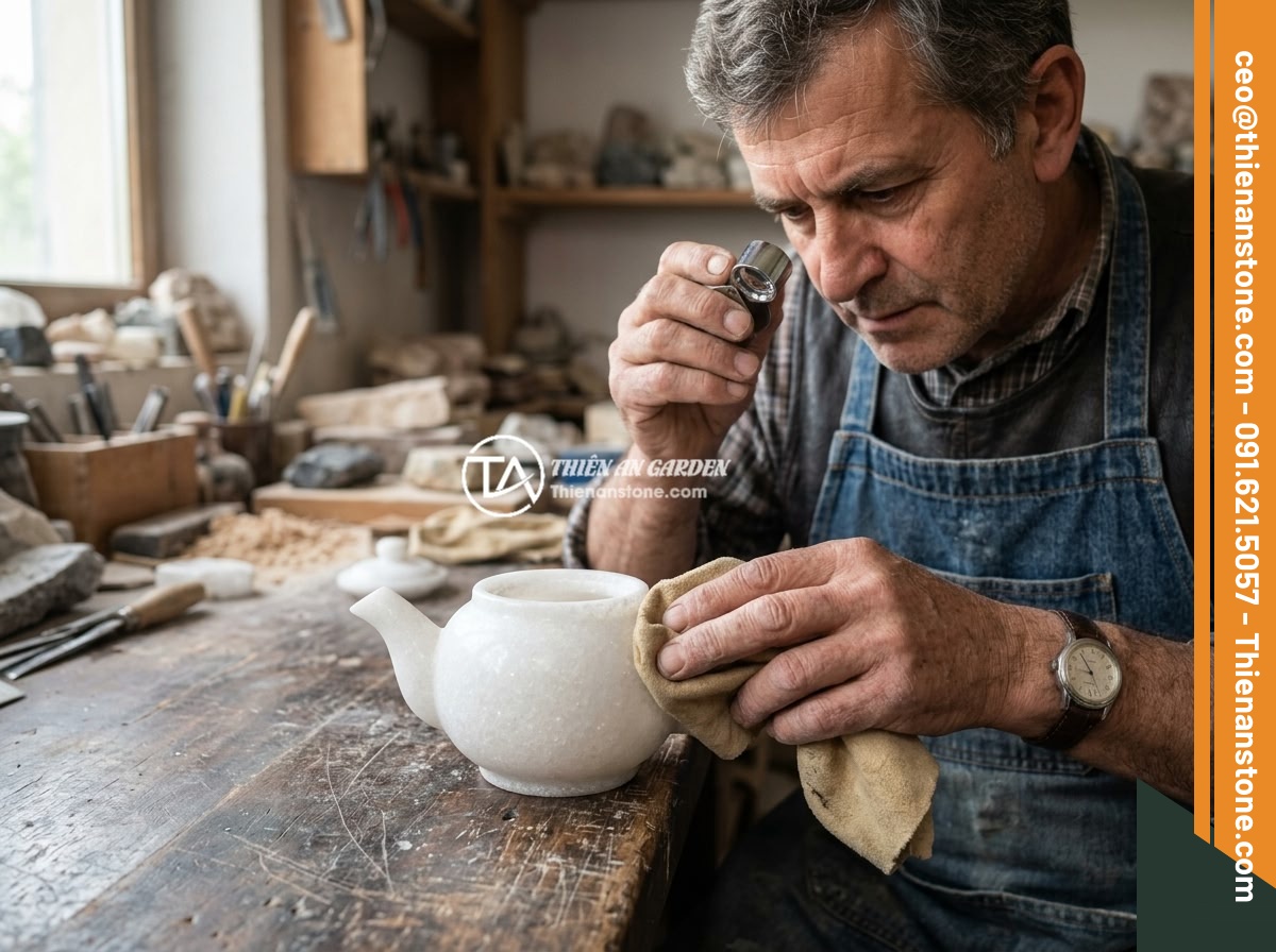 Hướng dẫn vệ sinh ấm chén đá đúng cách tránh làm hỏng bề mặt đá - An artisan craftsman carefully inspecting and polishing a natural stone teapot w
