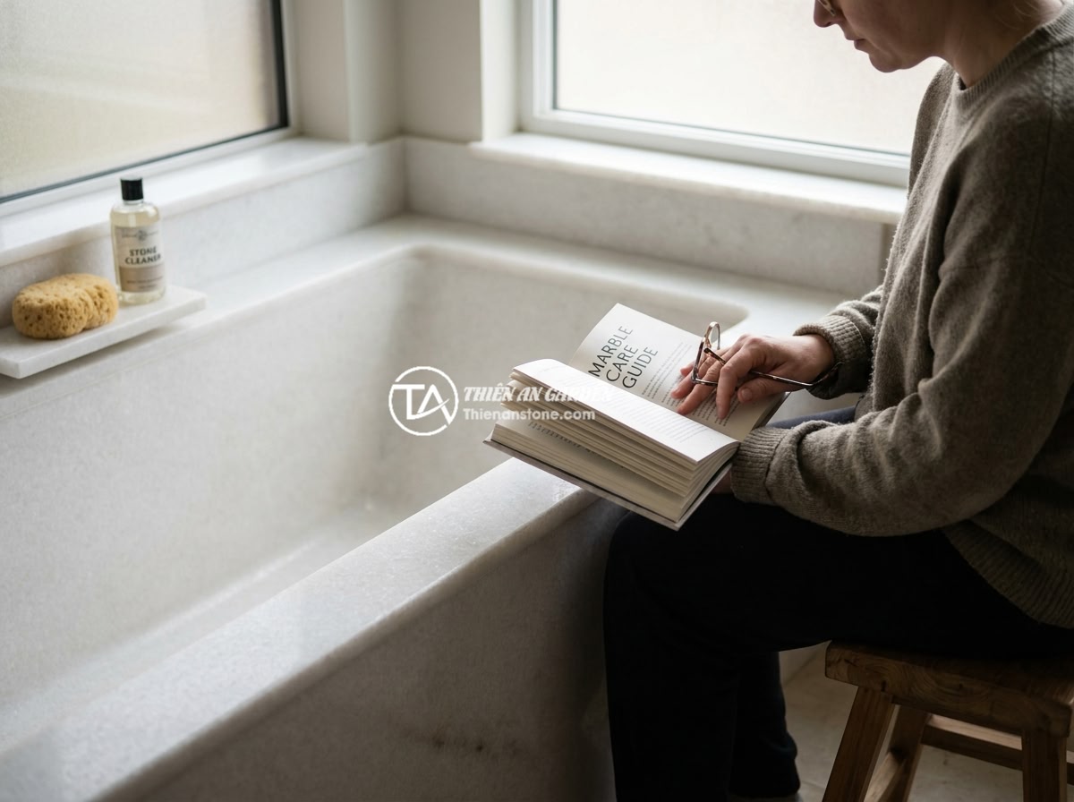 Hướng Dẫn Vệ Sinh Bồn Tắm Đá Cẩm Thạch Không Bong Tróc - Homeowner reading a marble care guidebook while sitting next to a beautifully ma