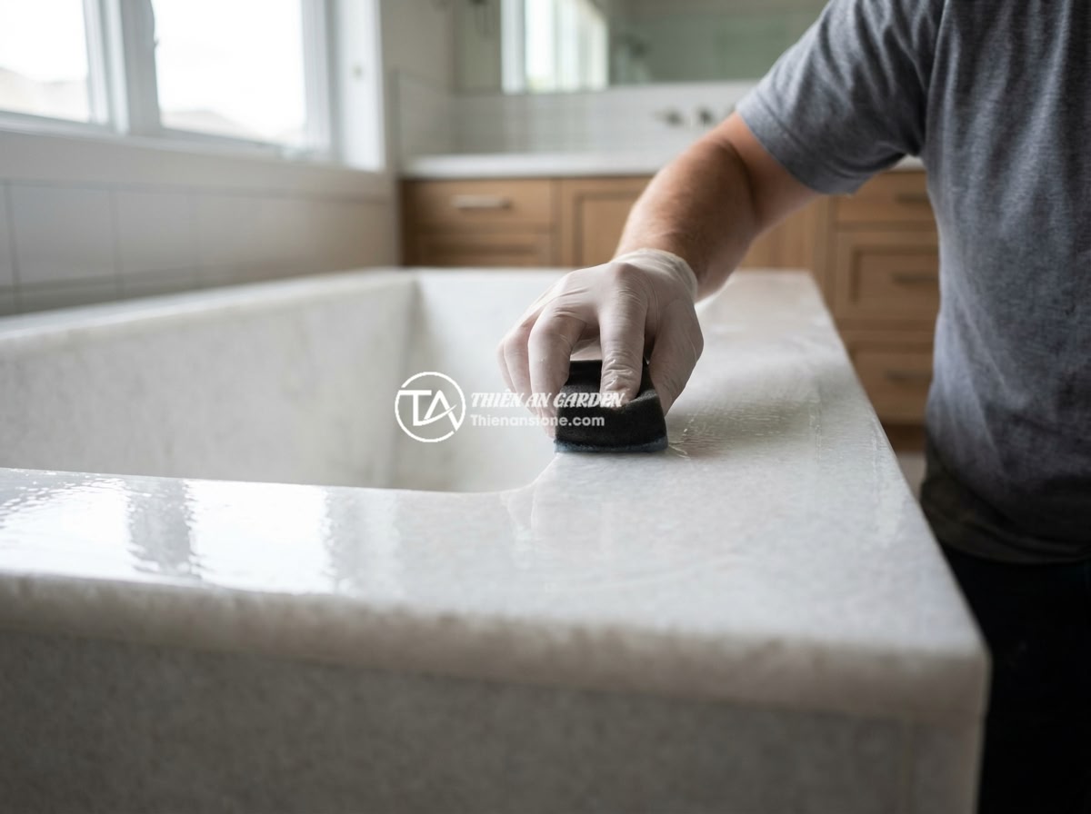 Hướng Dẫn Vệ Sinh Bồn Tắm Đá Cẩm Thạch Không Bong Tróc - Professional applying sealant to a marble bathtub surface using a foam applicato