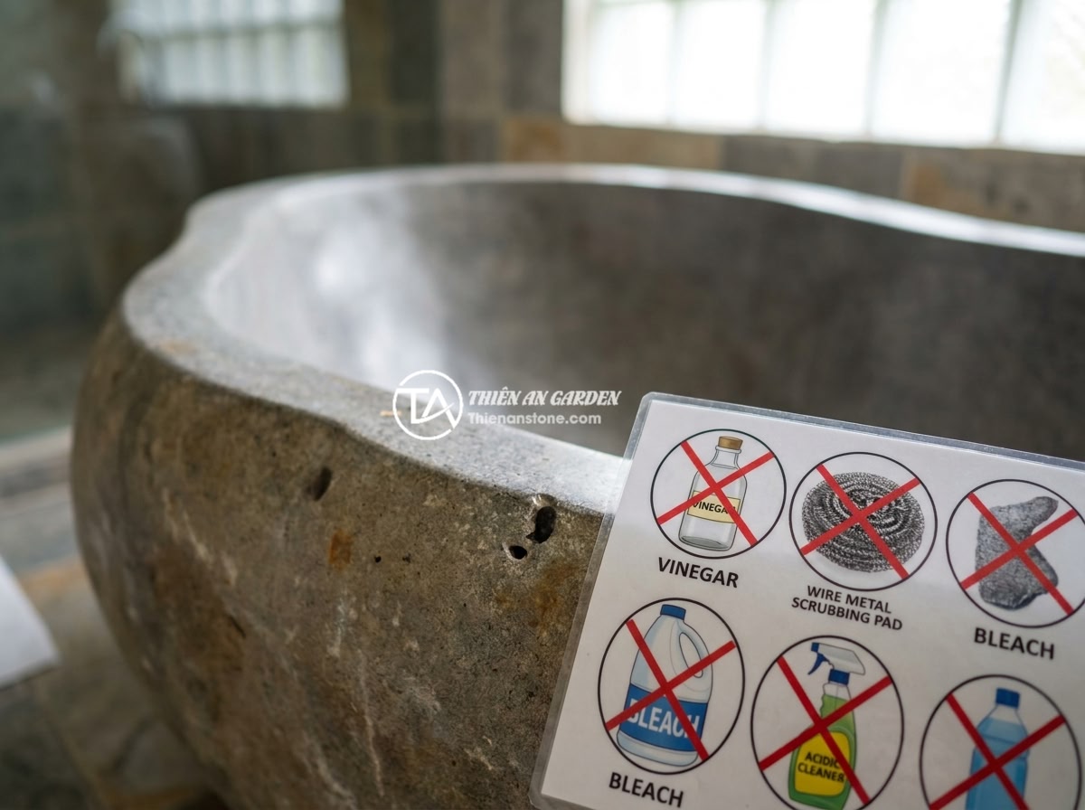 Hướng Dẫn Vệ Sinh Bồn Tắm Đá Cẩm Thạch Không Bong Tróc - Warning infographic showing prohibited items for marble bathtub cleaning, includ