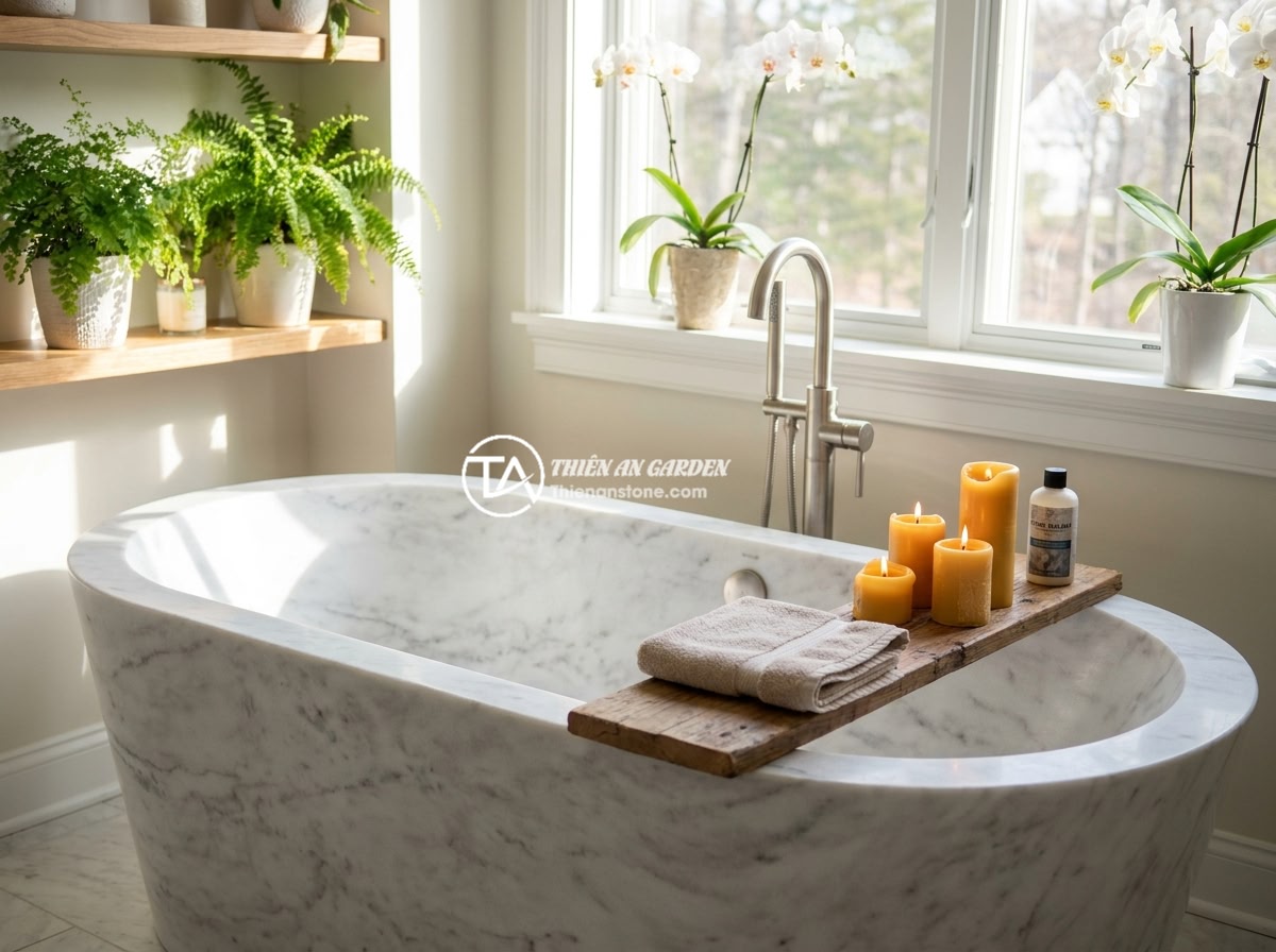 Hướng Dẫn Vệ Sinh Bồn Tắm Đá Cẩm Thạch Không Bong Tróc - A well-maintained marble bathtub in a luxurious spa-like bathroom setting with n