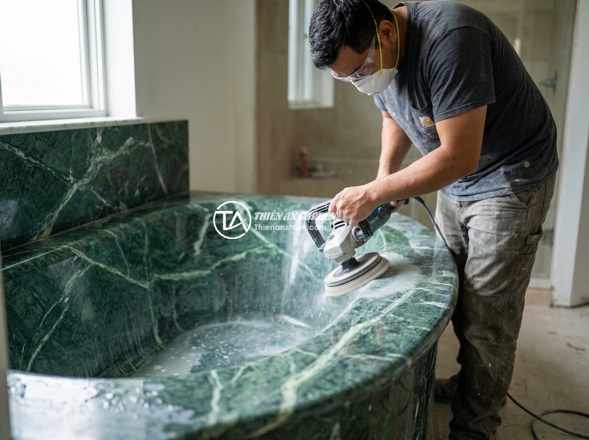 Hướng Dẫn Vệ Sinh Bồn Tắm Đá Cẩm Thạch Không Bong Tróc - Professional stone restoration technician using a diamond polishing machine to r