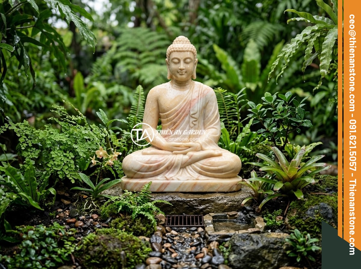 Hướng Dẫn Vệ Sinh Và Bảo Dưỡng Tượng Phật Trong Tiểu Cảnh Đúng Cách - Hình 6 Hướng Dẫn Vệ Sinh Và Bảo Dưỡng Tượng Phật Trong Tiểu Cảnh Đúng Cách - A beautiful stone Buddha statue in a garden miniature landscape during rainy sea