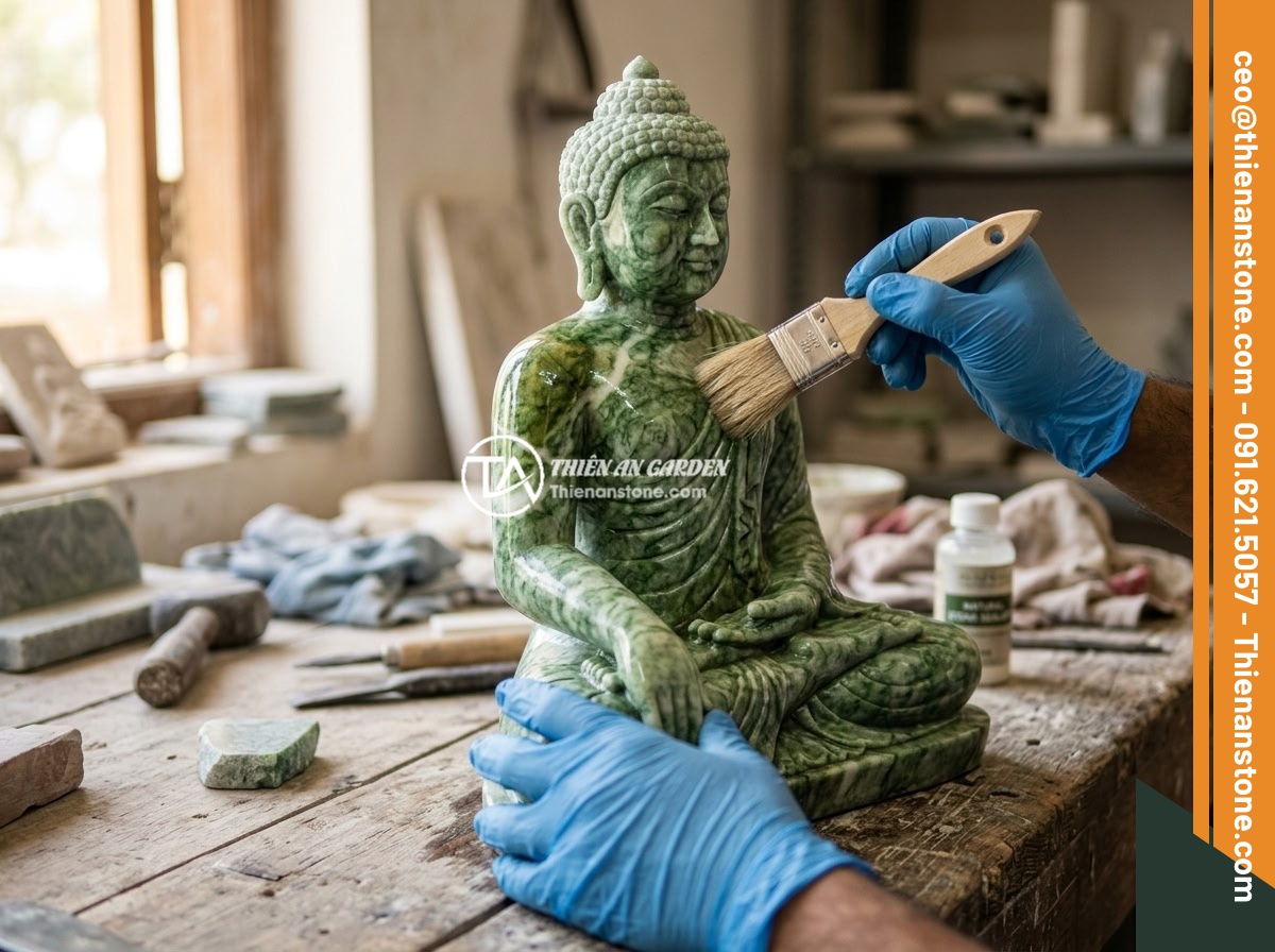 Hướng Dẫn Vệ Sinh Và Bảo Dưỡng Tượng Phật Trong Tiểu Cảnh Đúng Cách - Hình 7 Hướng Dẫn Vệ Sinh Và Bảo Dưỡng Tượng Phật Trong Tiểu Cảnh Đúng Cách - Hands applying natural stone sealant onto a clean Buddha statue surface using a