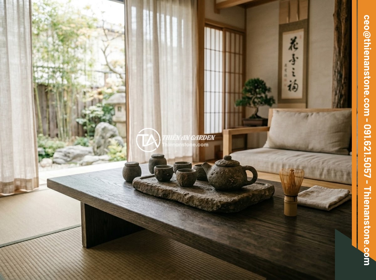 Kết hợp bộ ấm chén đá với nội thất phong cách tối giản zen - A serene zen-style living room with neutral tones, natural wood furniture, and a