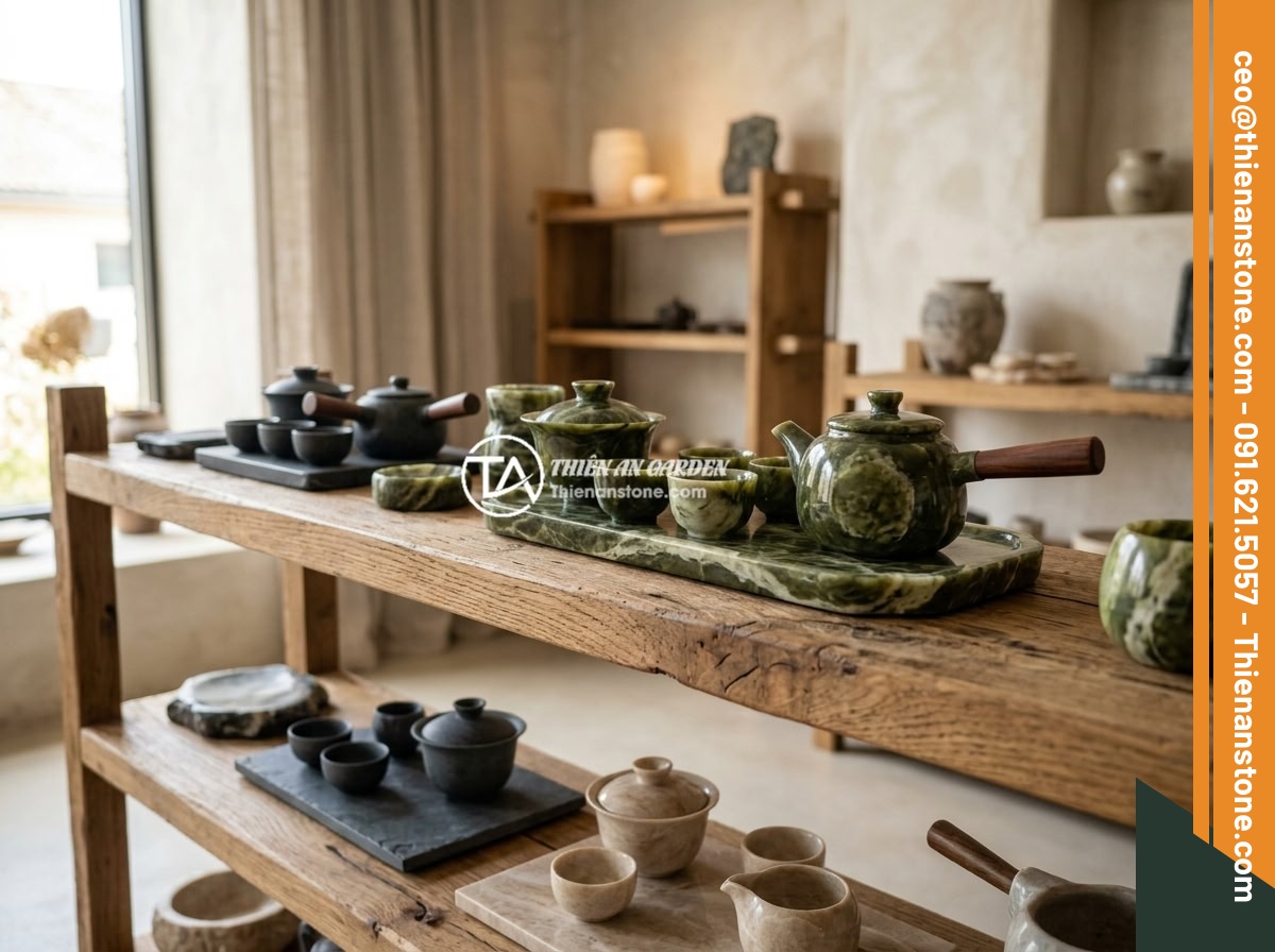 Kết hợp bộ ấm chén đá với nội thất phong cách tối giản zen - Showroom display of various natural stone tea sets in different colors and stone