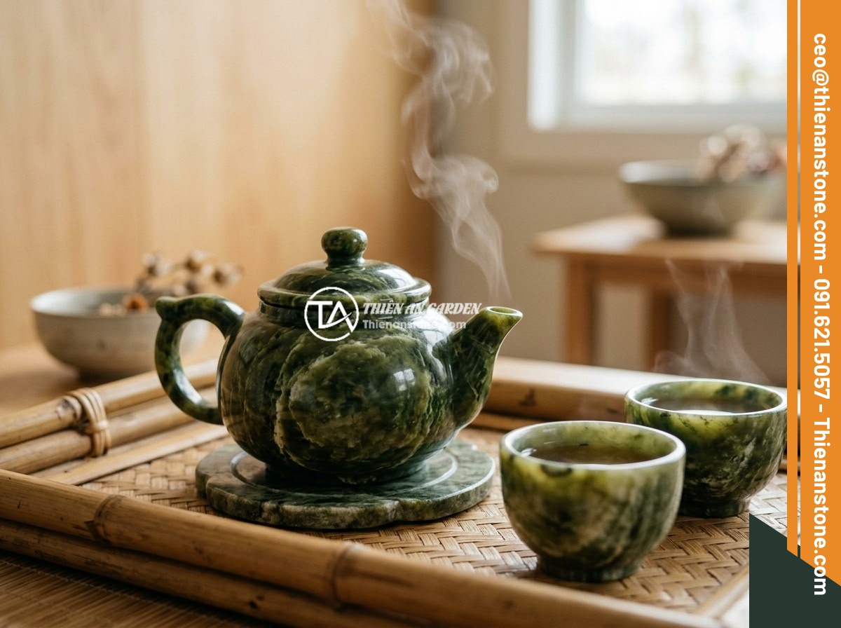 Kết hợp bộ ấm chén đá với nội thất phong cách tối giản zen - Close-up of a natural stone tea set with visible natural veins and textures, pla