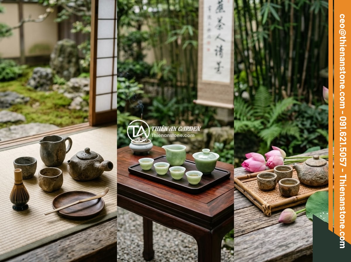 Kết hợp bộ ấm chén đá với nội thất phong cách tối giản zen - Three different zen-style setups side by side: Japanese wabi-sabi with rough sto