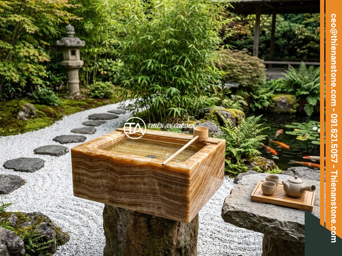 Kết hợp bộ ấm chén đá với nội thất phong cách tối giản zen - An outdoor zen garden with a stone tea set on a natural stone table, white grave