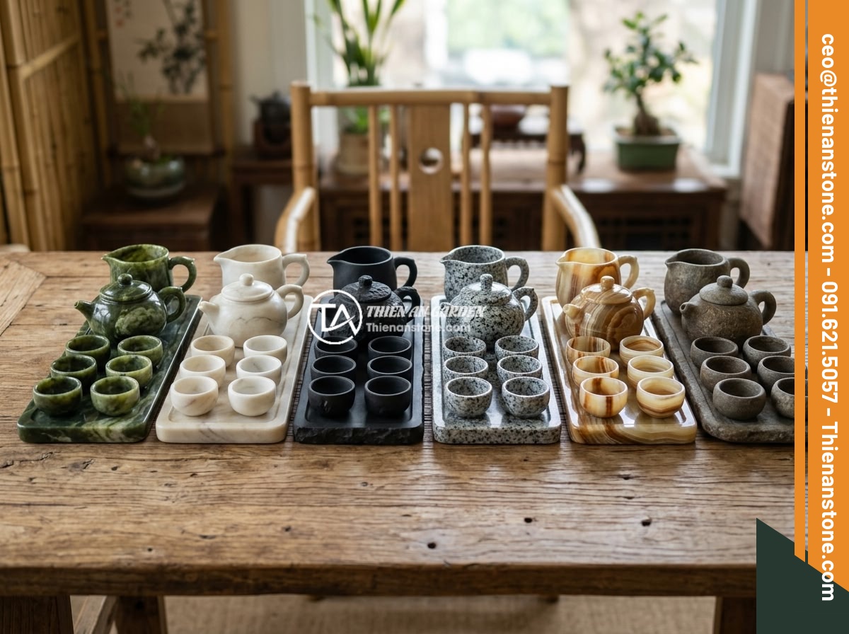 Kết hợp bộ ấm chén đá với nội thất phong cách tối giản zen - Six different types of natural stone tea sets arranged in a row, showing serpent