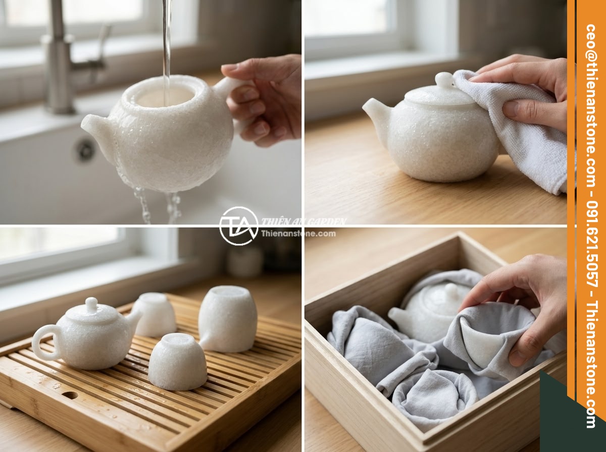 Kết hợp bộ ấm chén đá với nội thất phong cách tối giản zen - Step-by-step cleaning process of a stone tea set: rinsing with warm water, gentl